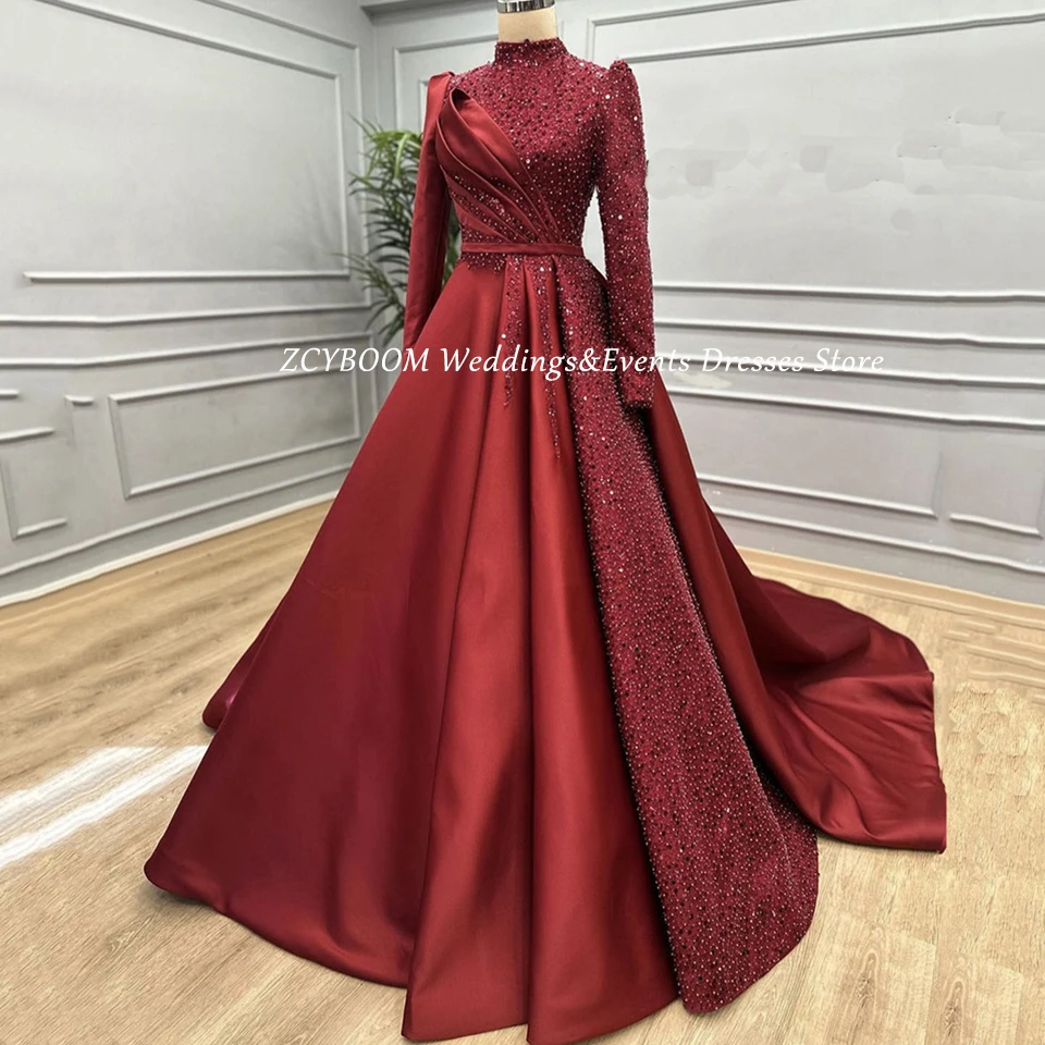 Customized High-Neck Sequin Pearls Long Sleeves Evening Dress 2024 A-Line Floor Length Sweep Train Stain Zipper Prom Dress