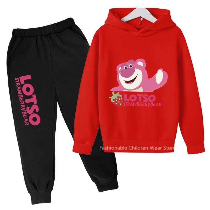 Trendsetting Strawberry Bear Print Outfit - Hoodie & Pants for Boys & Girls, Embracing Korean Street Style