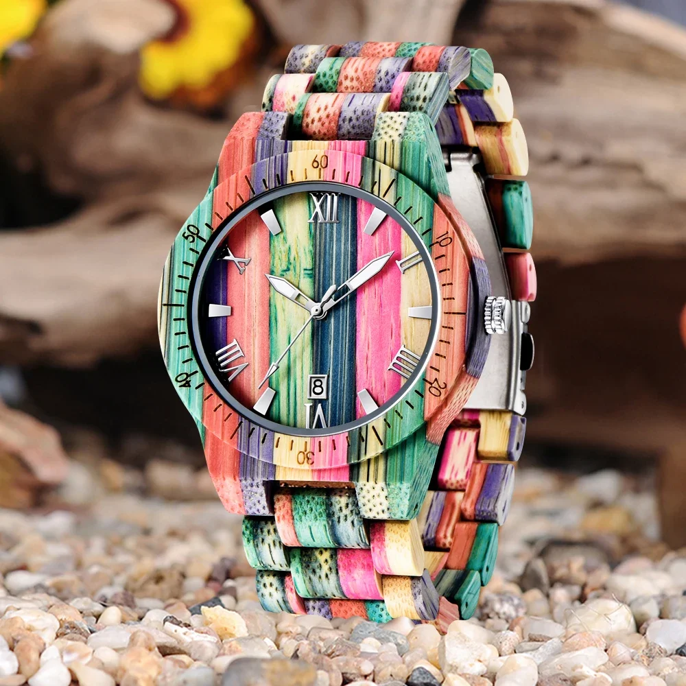 Men's Quartz Watch Couple Wooden Watch Natural Multi Color Bracelet New Retro Wooden Watch Best Birthday Gift for Men