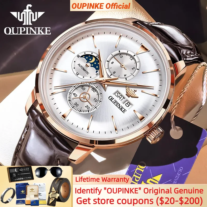 OUPINKE ブランドメンズ腕時計ブラウンレザーストラップ自動機械式腕時計男性用多機能日付メンズ腕時計
