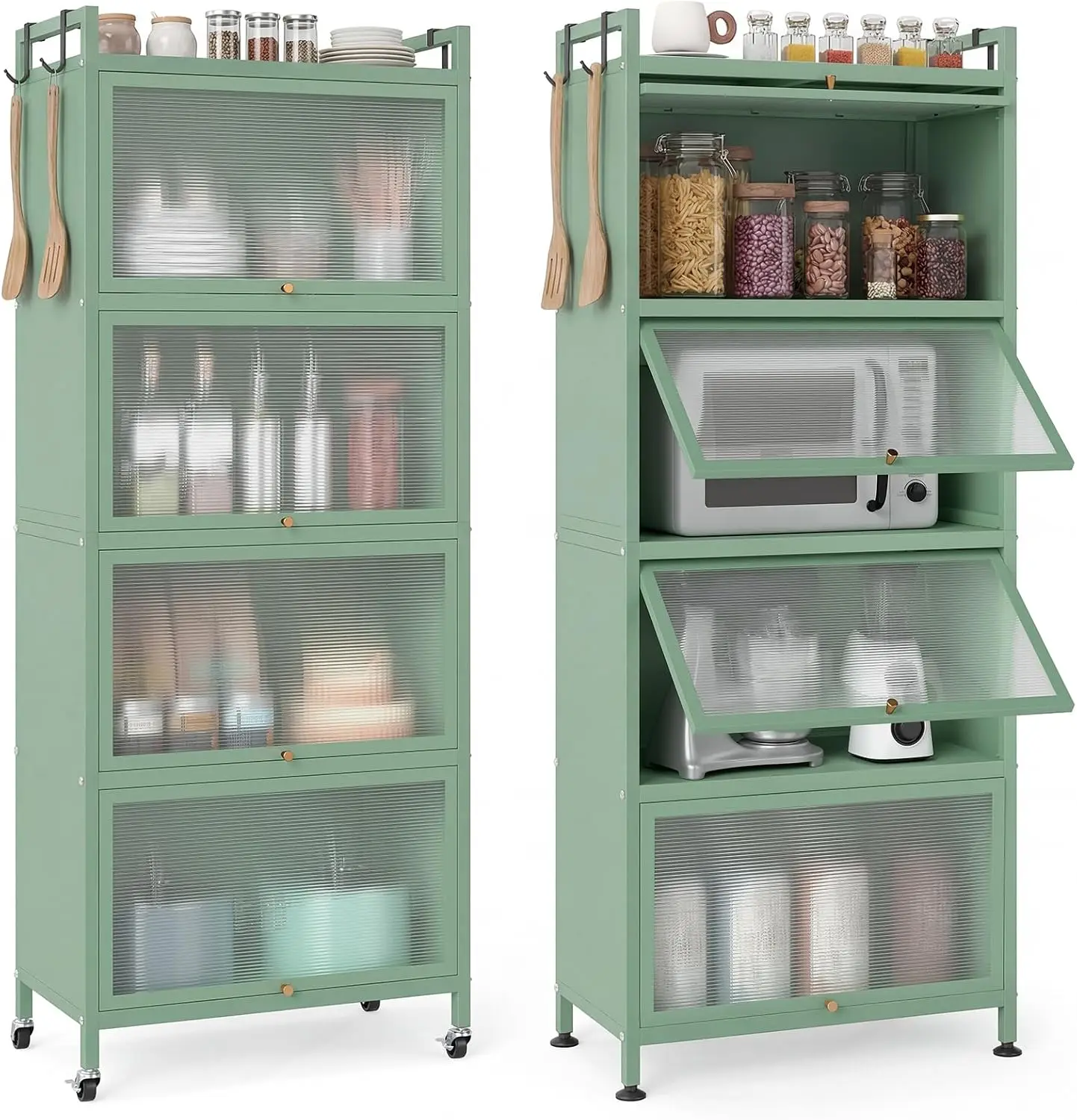 5-Tier Kitchen Storage Cabinet, Freestanding Metal Pantry Cabinet w/ 4 Flip-up PC Doors, 4 Hooks & Adjustable Feet, 60