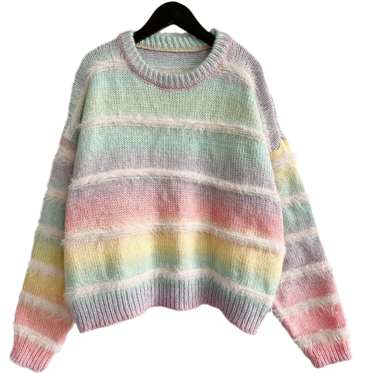 Frau Kleidung Pullover Pullover Neue Mode Herbst Winter Regenbogen Gestreifte Gestrickte Weibliche Rundhals Langarm Pullover Pullover
