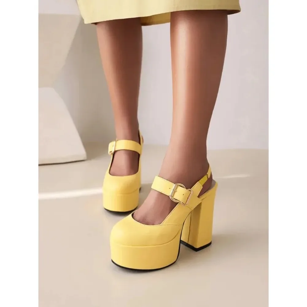 Summer New Styles Fashion Fish Beak Exposed Toe Ultrahigh Heel Women Sandals Solid Party Buckle Strap Square Heel Women Sandals