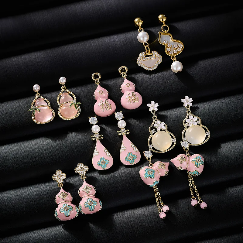 

New Chinese Style Pink Gourd Earrings S925 Silver Needle 14K Gold Plated Micro-Inlaid Zircon Anti-Allergy Bridal Jewelry Gift