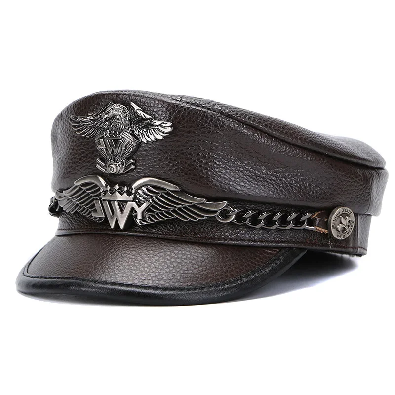 Unisex German Military Cap Man Genuine Leather Flat Top Hat Korean Fashion Eagle Mark Chain Punk Locomotive Casquette Male 5.0