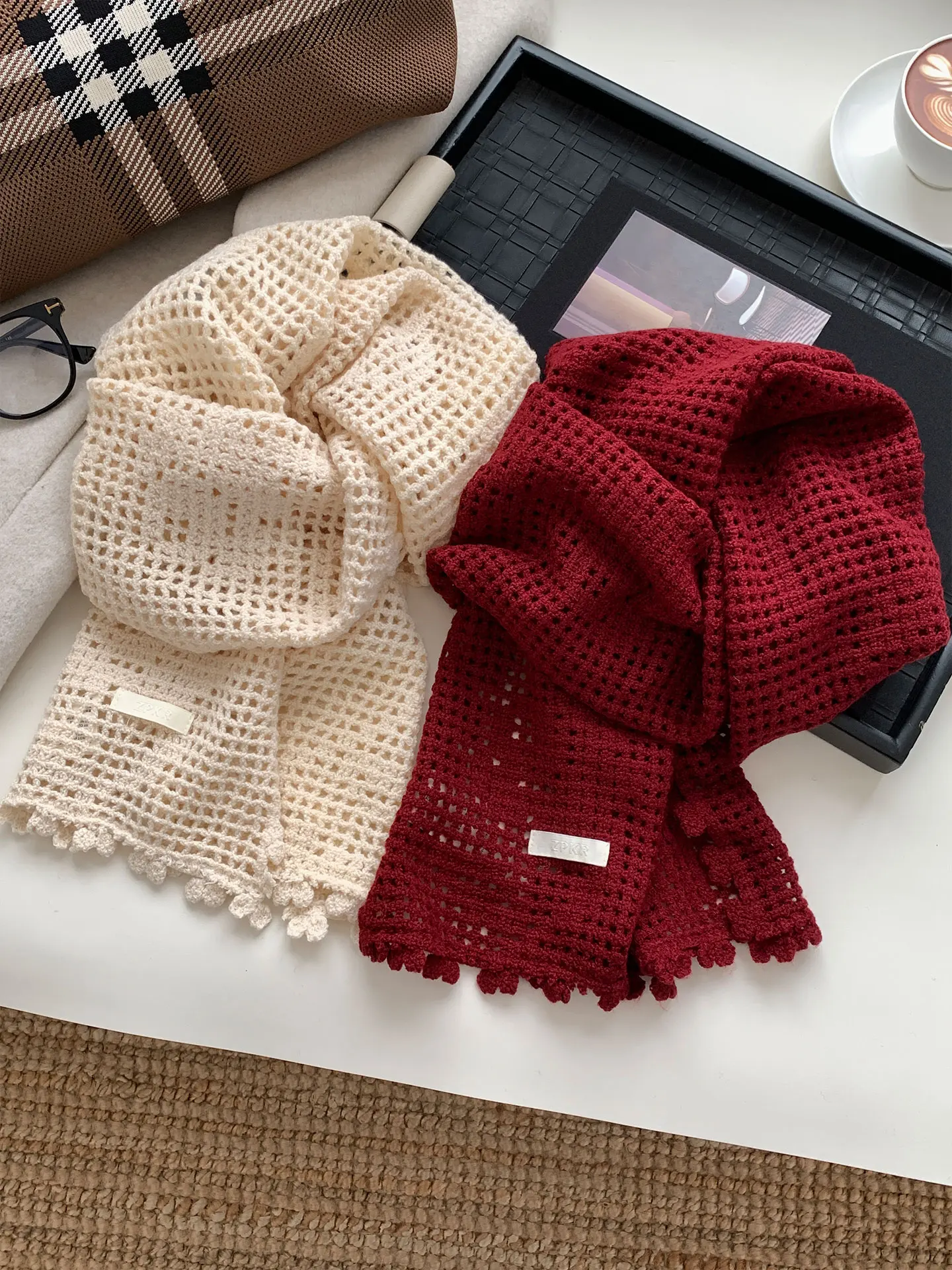 Handmade Hollow out Lace Long Scarf Women's Fashionable Versatile Warm Neck Protection Scarf Outerwear Autumn New Style