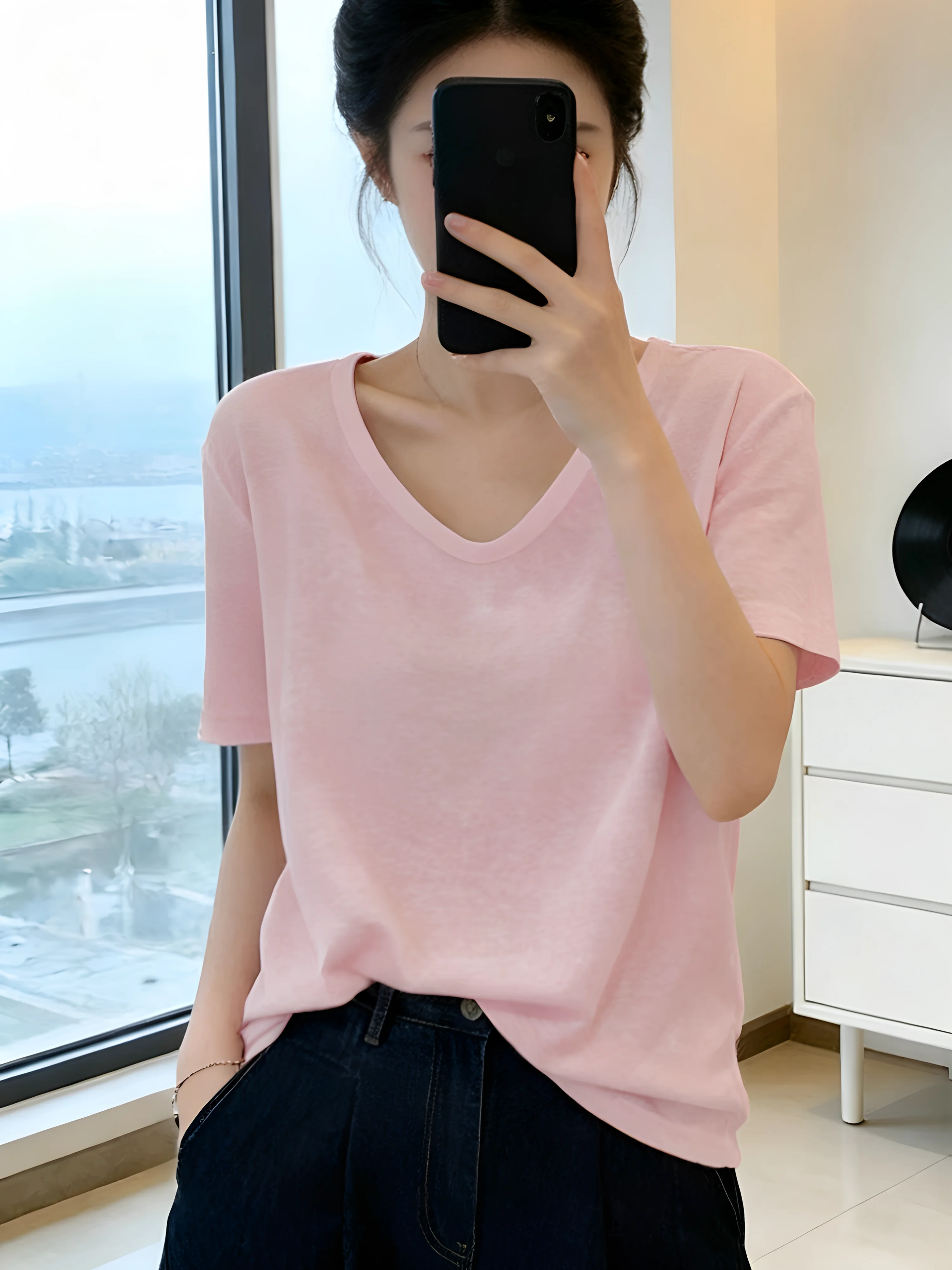 Ice Silk Snowflake Cotton Short Sleeve T-Shirt Women's Summer New Large Size Loose Slimming V-neck  Thin Top