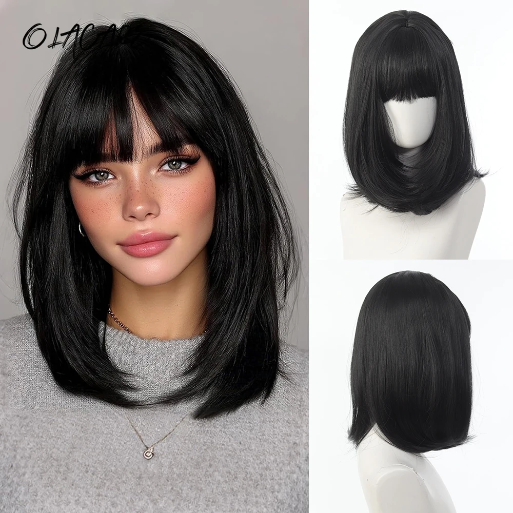 

Синтетический парик OLACA с челкой, темно-коричневый, прямой, длиной до плеч, для женщин, для косплея и повседневного использования, термостойкий, из фибрилл.