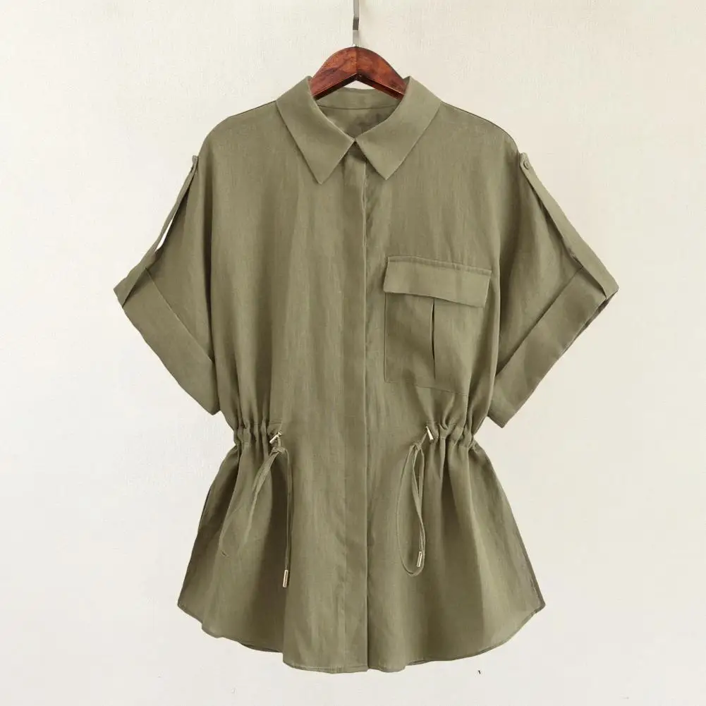 Casual Shirt Tops Stylish Women's Lapel Shirt with Drawstring Waist Flap Pockets Casual Loose Fit Single Breasted Top for Daily