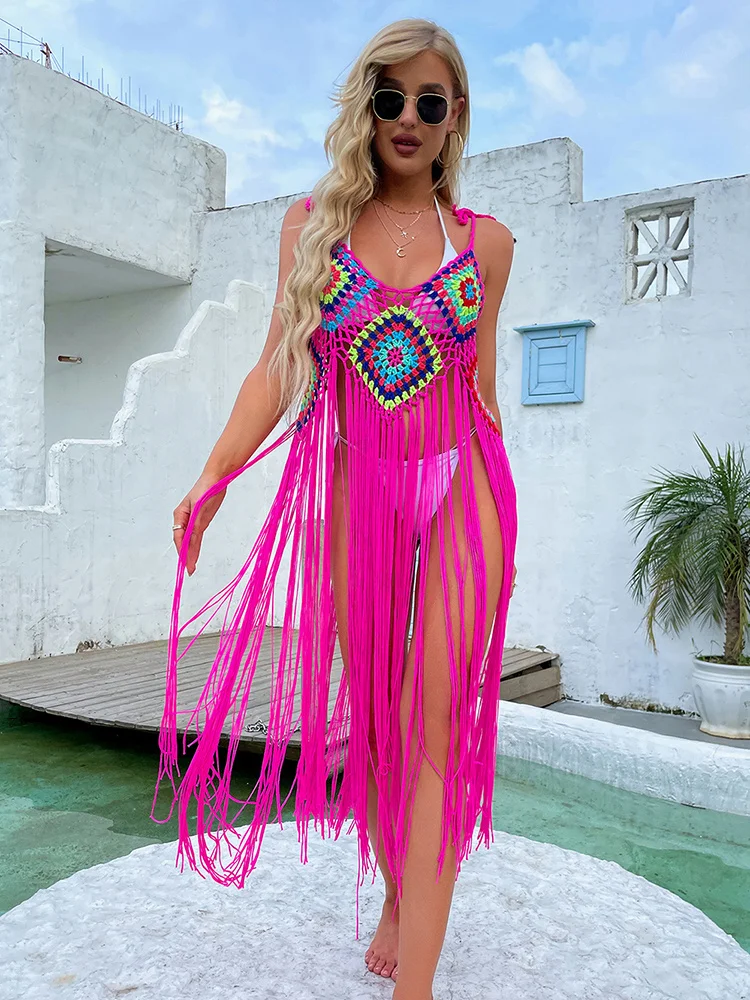 HÄKELN BIKINI Boho Cover Up Sexy Hohl Fringe Saum Strand Kleid 2023 Sommer Frauen Badeanzüge Bademode Tuniken Rock