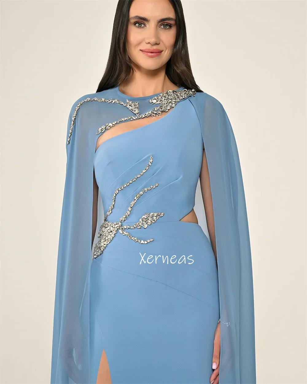 ที่กําหนดเอง Jersey Rhinestone O-คอตรงชุดยาว Bespoke โอกาสซิปพรหมชุดราตรี Elegant Party FBسات