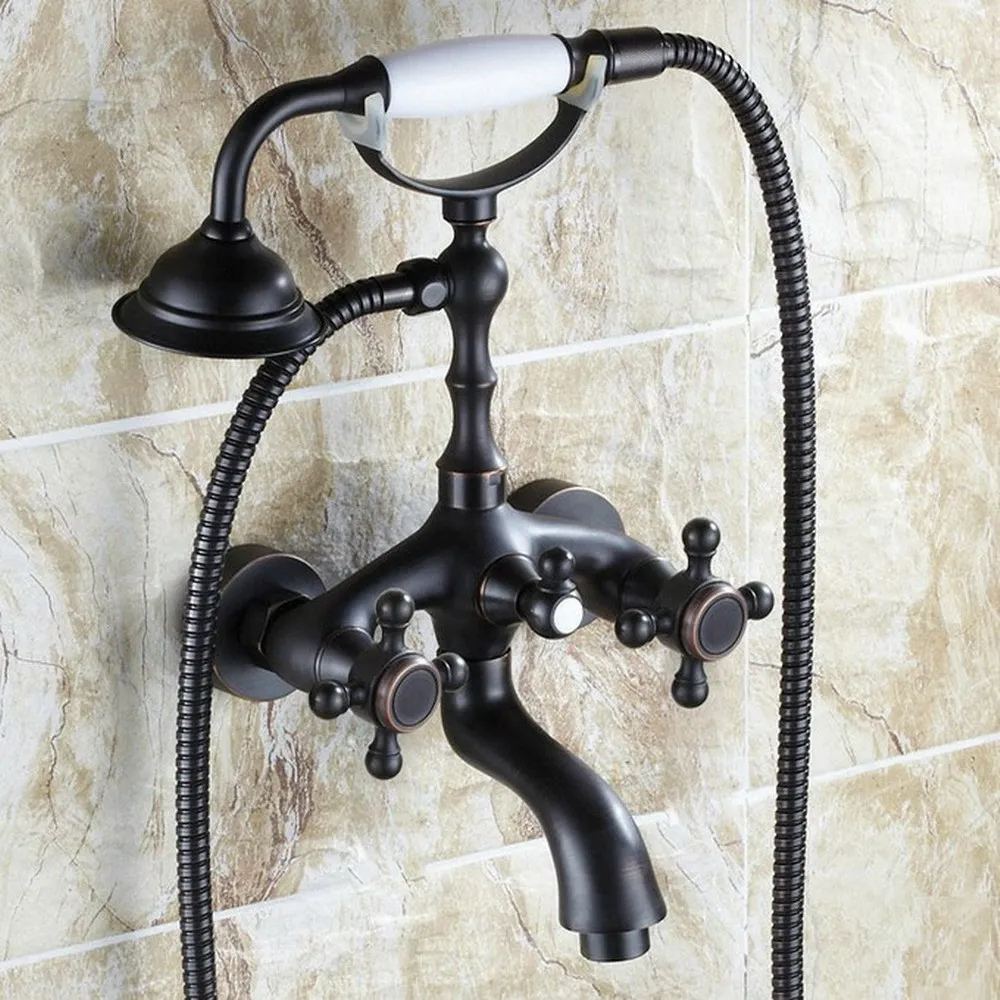 

Black Oil Rubbed Brass Wall Mount Bathtub Faucet Dual Handles Swivel Spout Mixer Tap with Hand Sprayer Ntf041