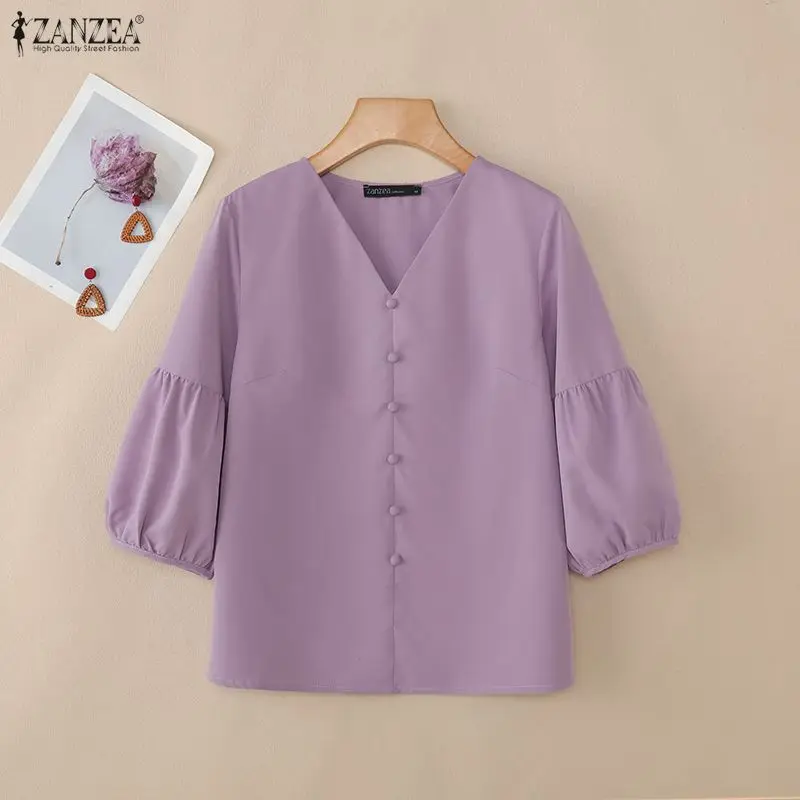 

Летние элегантные женские блузки в винтажном стиле с рукавами-фонариками 3/4, V-образным вырезом, однотонные пуловеры ZANZEA, повседневные топы для женщин.