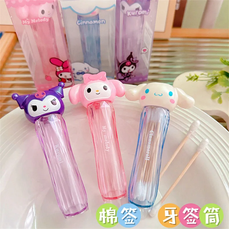 

Sanrios Cotton Swab Box Anime Kuromi Cinnamoroll My Melody Transparent Desktop Storage Organizer Portable Toothpick Tube Gifts