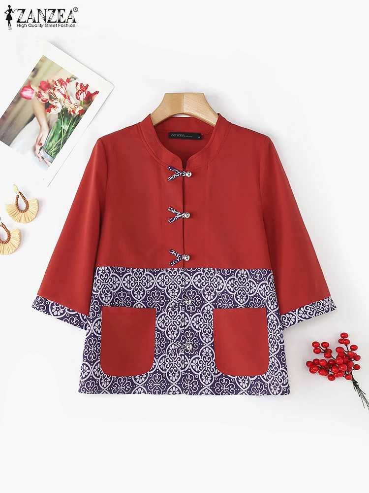 

Spring 3/4 Sleeve Blouse Women Printed Tops 2025 ZANZEA Fashion Short Sleeve Blusa Vintage Pockets Casual Loose Stand Neck Tunic