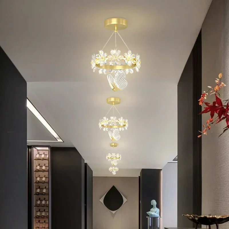 2024 New Petal Crystal Butterfly Chandelier Home Aisle Corridor Ceiling Lamp Light Luxury Bedroom Cloakroom  Lighting LED