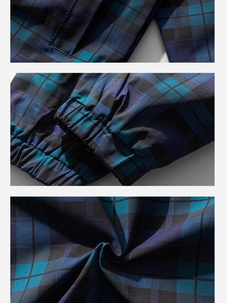 Chaqueta cortavientos a cuadros japonesa para hombre, sudadera con capucha de carga con contraste azul y verde para primavera y otoño, chaqueta cortavientos de gran tamaño para parejas