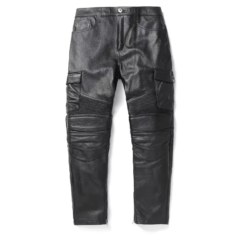 

Black Winter Leather Trousers Men Motorcycle Style Plus Size 4XL Genuine Natural Cowhide Can Add Protection Device Leather Pants