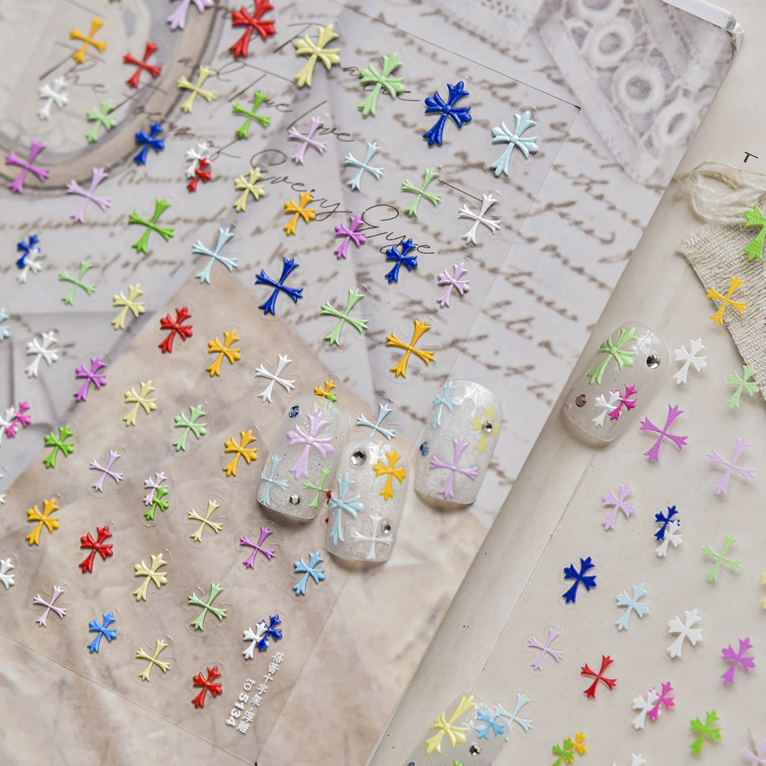 1PCS Colorful Cross Nail Stickers Nail Art Supplies 5D Letters Flowers Embossed Nail Art Decals Nail Art Decoration