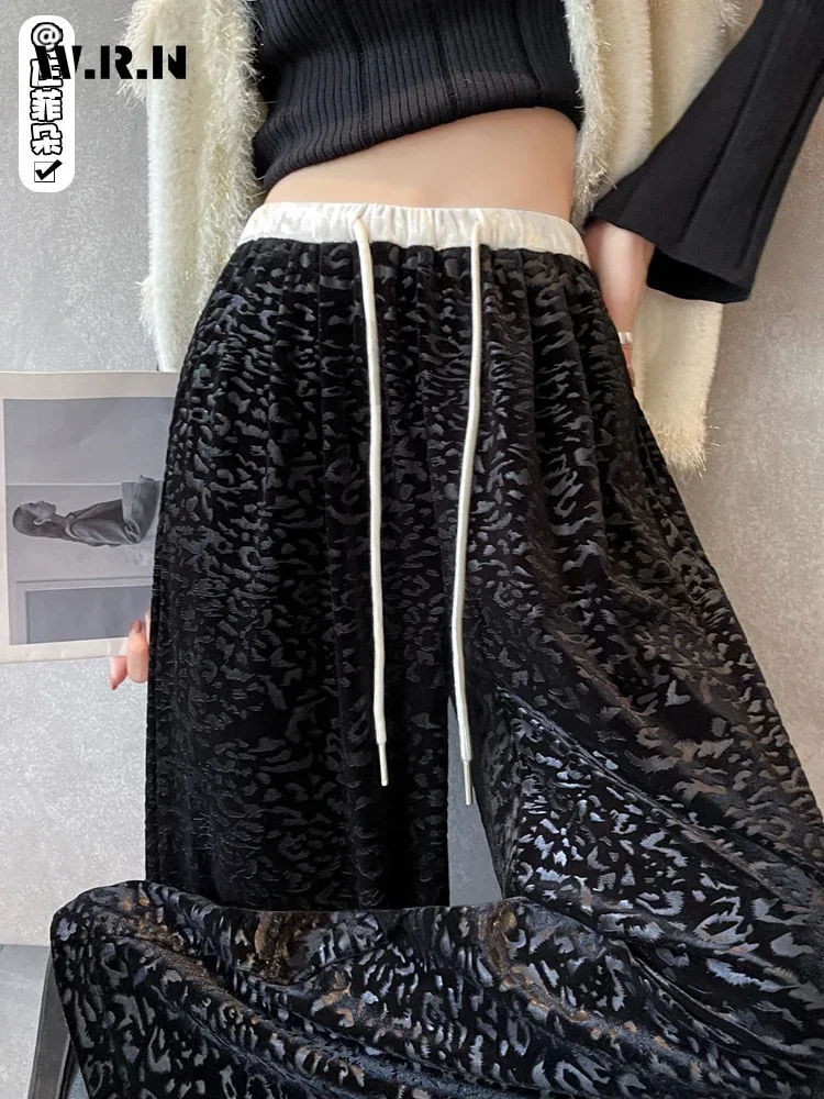 

2024 Summer Vintage Grunge Casual Leopard Print High Waist Wide Leg Pants Women's Fashion Loose Black Full Length Trousers