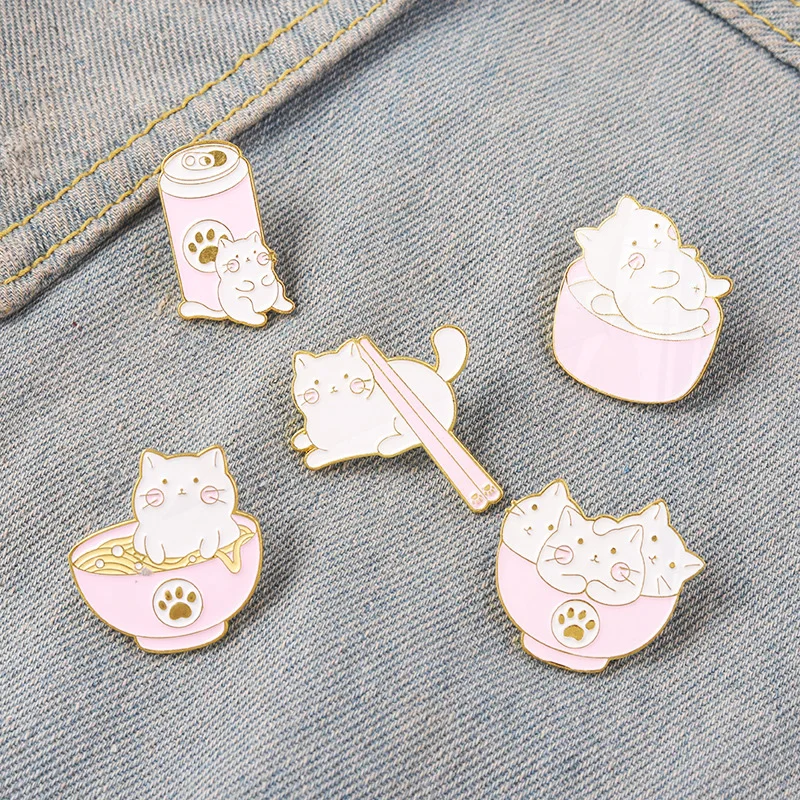 Cat Animal Enamel Alloy Clothing Accessories Backpack Pin Badge Lapel Pins Cartoon Cute Cat  Pin Cat Eat Fish Sushi Noodles