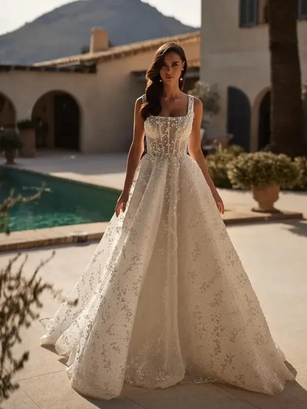 

Customized 2026 Elegant A-Line Sleeveless Square Neck Decal Women's Wedding Dress Backless And Sexy Sweeping Train Bride Dress