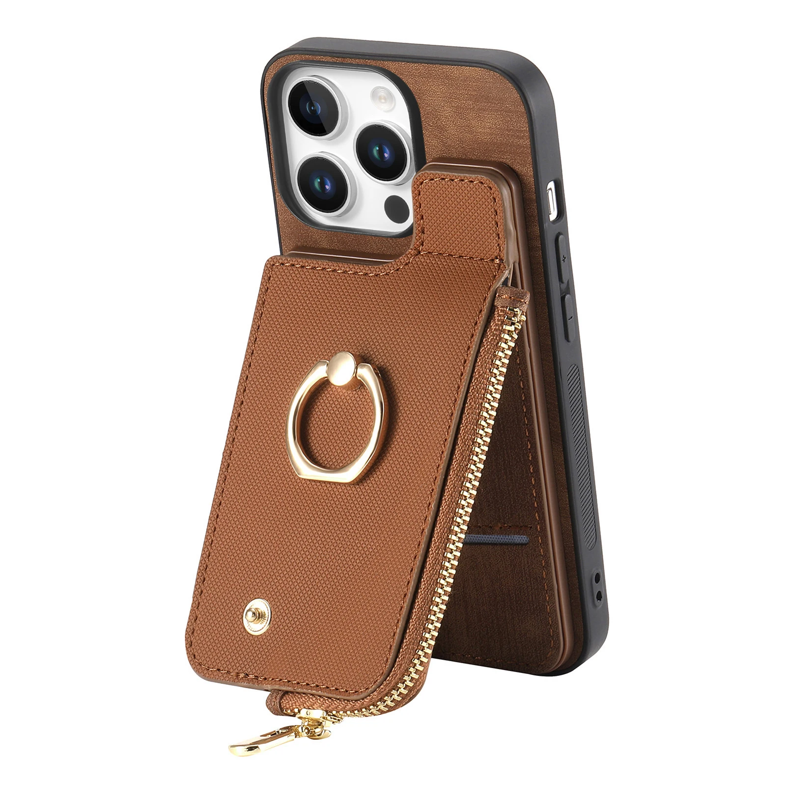 Wallet with Card Holder Ring Kickstand Zipper Leather Phone Case for iPhone 16 15 14 11 Pro Max XS XR 7 8 Plus 13 12 Mini Cover