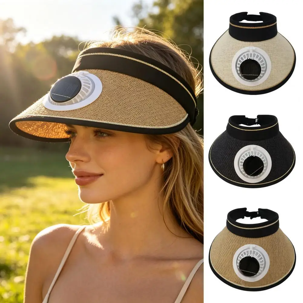 Full Face Sun Shield Hat Solar Powered Fan Sun Hat with Extended Brim Adjustable Straw Hat for Full Face Coverage Empty Top