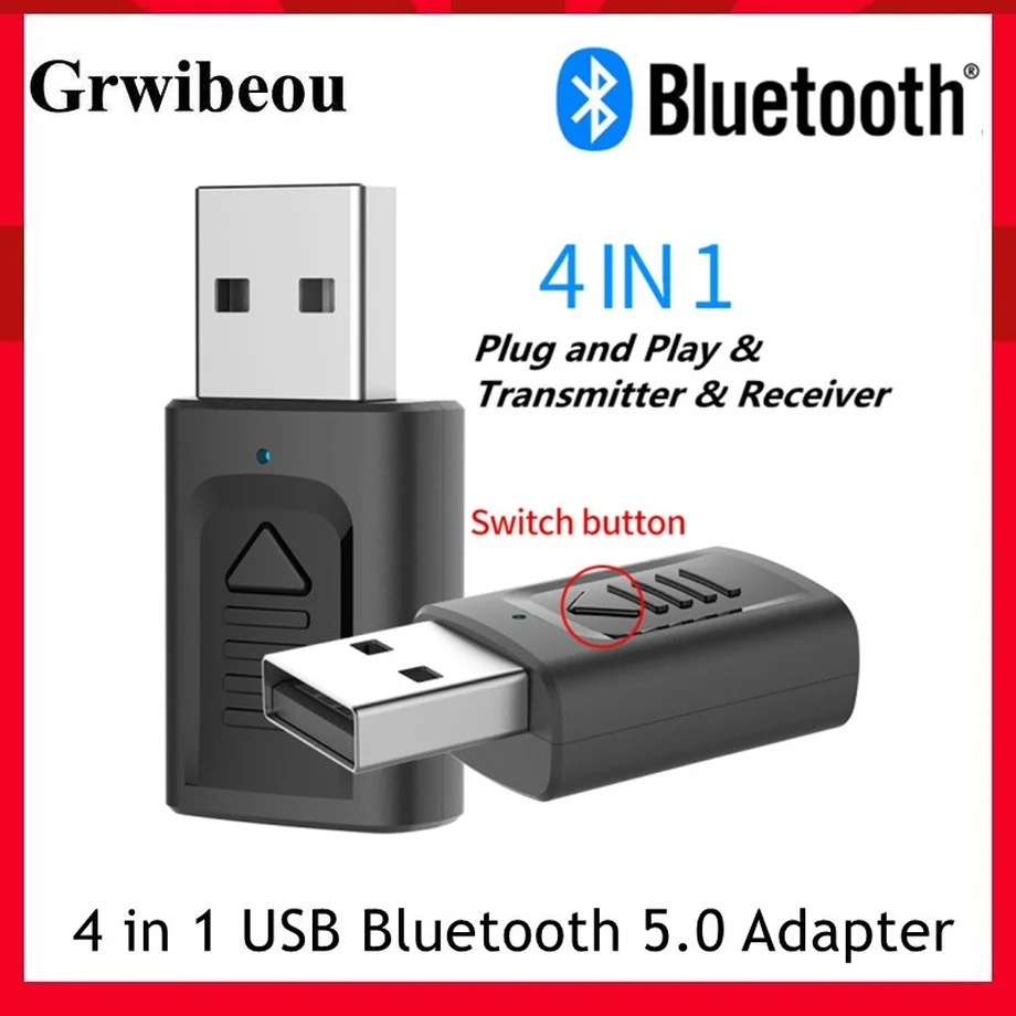 Grwibeou Mini Wireless 4 in 1 USB Bluetooth 5.0 Adapter 3.5mm Jack AUX BT Audio Receiver Transmitter For Car TV Speaker Adapter