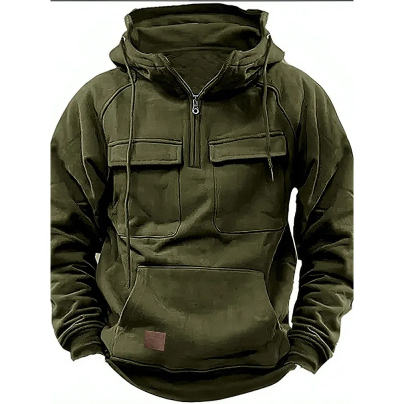 American Fashion New Solid Color Hooded Sweatshirt with Multiple Pockets for Sports and Warmth Men's Casual Hoodie