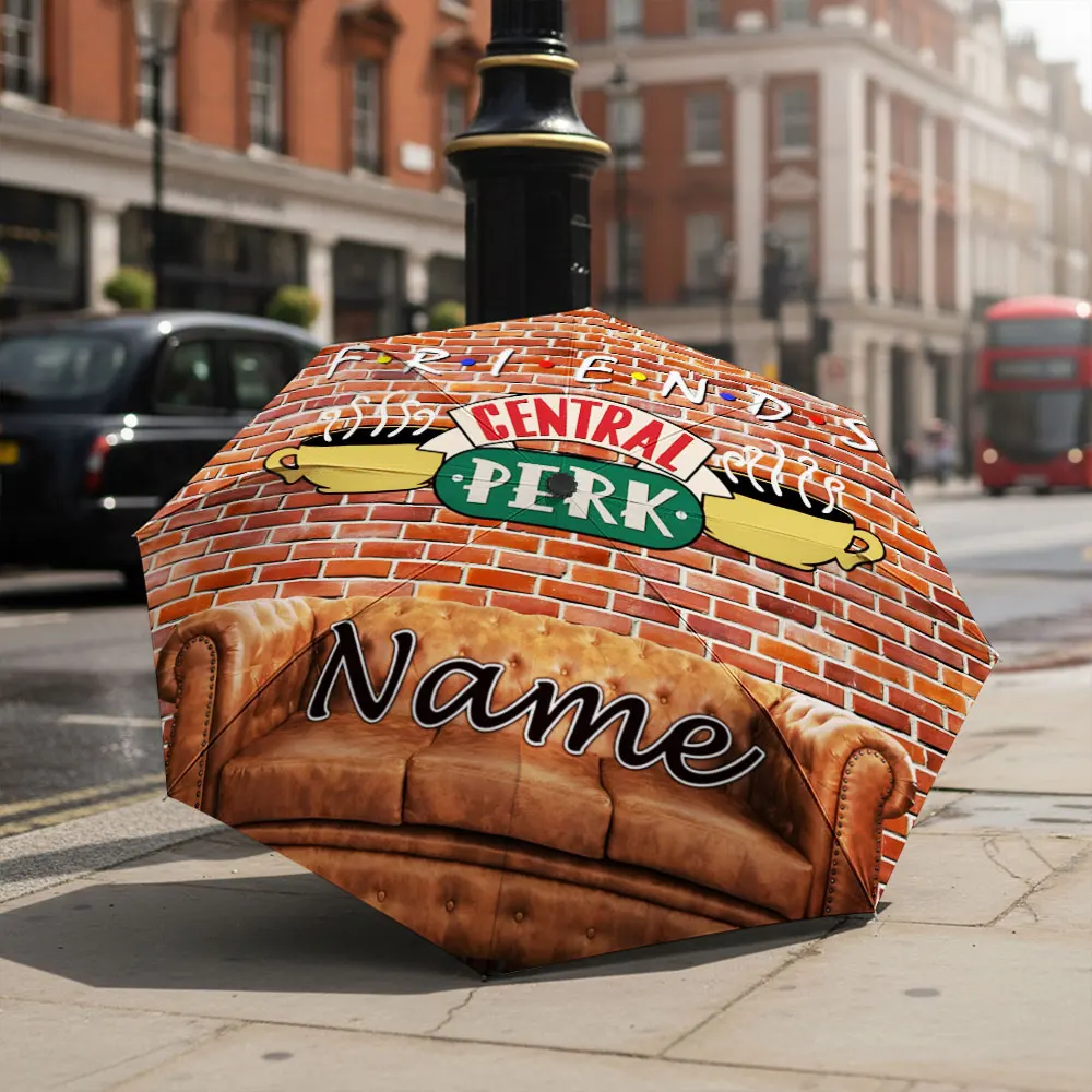 Custom Name Umbrella Friends Central Perk Sofa Brick Wall Print Folding Umbrella,Sun Rain Use, Portable Travel Parasol For Fans