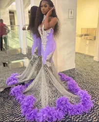 Lavender Purple Long Prom Dresses 2025 Sparkly Crystal Applique Feather Sheer Mesh Black Girl Evening Party Gala Gown Customised