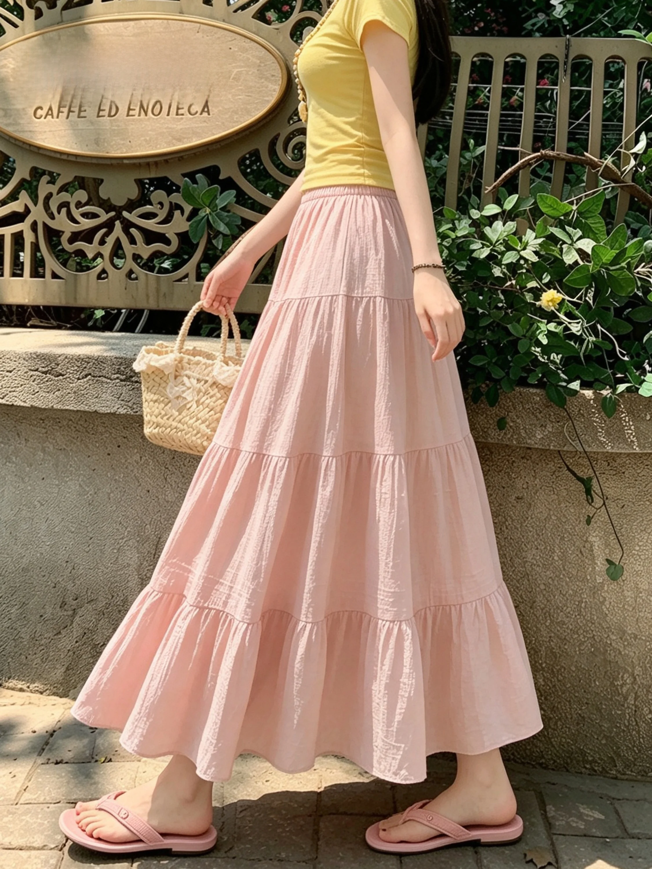

Pink Ice Silk Chiffon Half Skirt Women's Summer New Elastic Waist Slimming Drapey A-Line Pleated Long Skirt Wide Umbrella Skirt