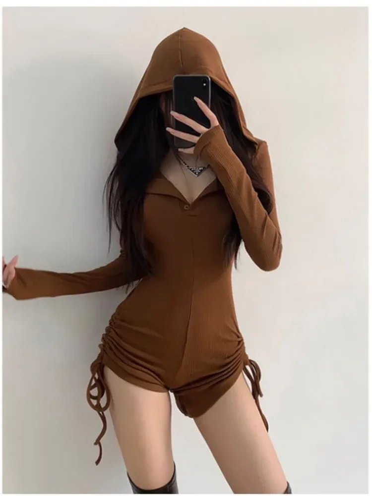 

Wasteland Style Black Hooded Rompers for Women's Summer Thin Long Sleeve Drawstring Shorts Niche Slim Spicy Girl Jumpsuit Shorts