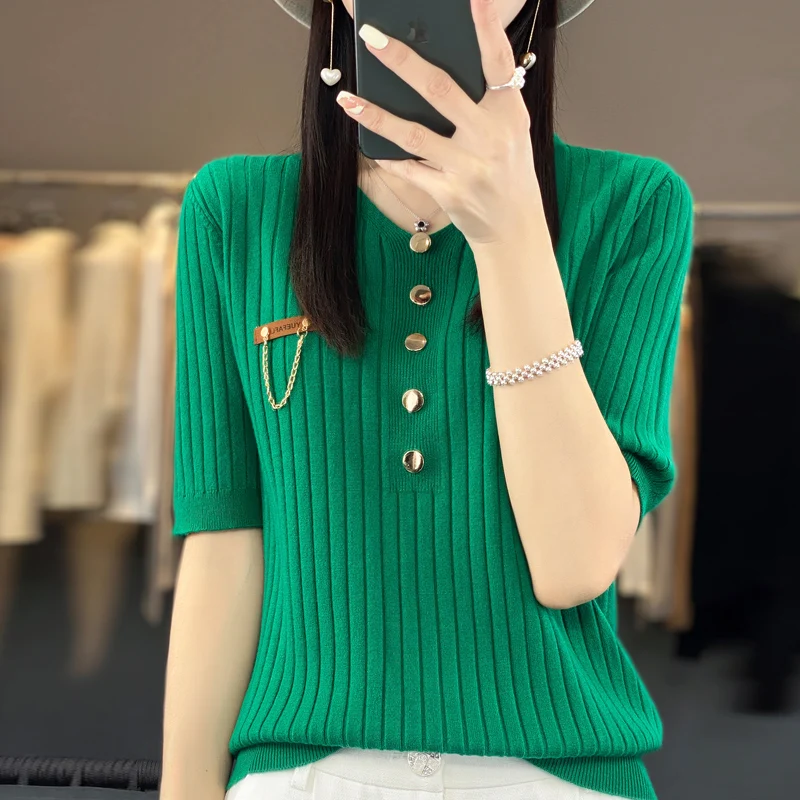 2023 Summer Women\'s V-Neck Cashmere Sweater Short Sleeve Cashmere Short Sleeve Sweater Pullover