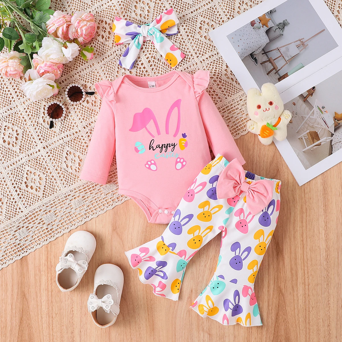 

Baby Girl Easter Pink Bunny Bodysuit, Flared Pants & Headband Set
