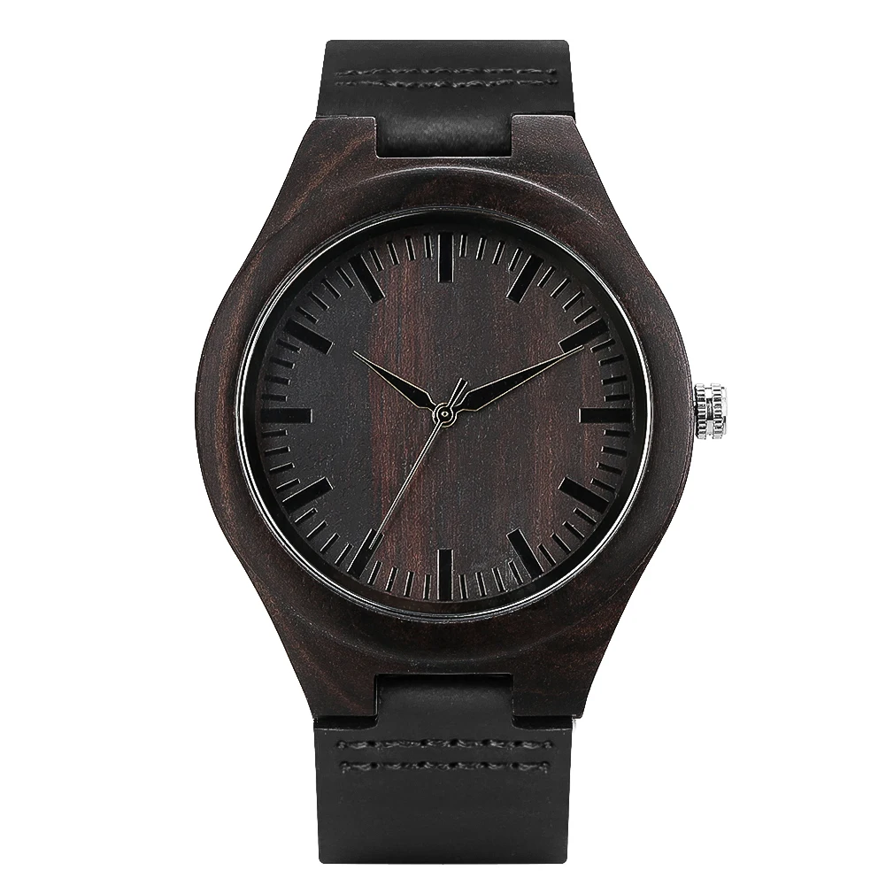 Classic Ebony Wood Quartz Men Watch Minimalist Scale Round Dial Black Genuine Leather Casual Men\'s Watches Fashion reloj