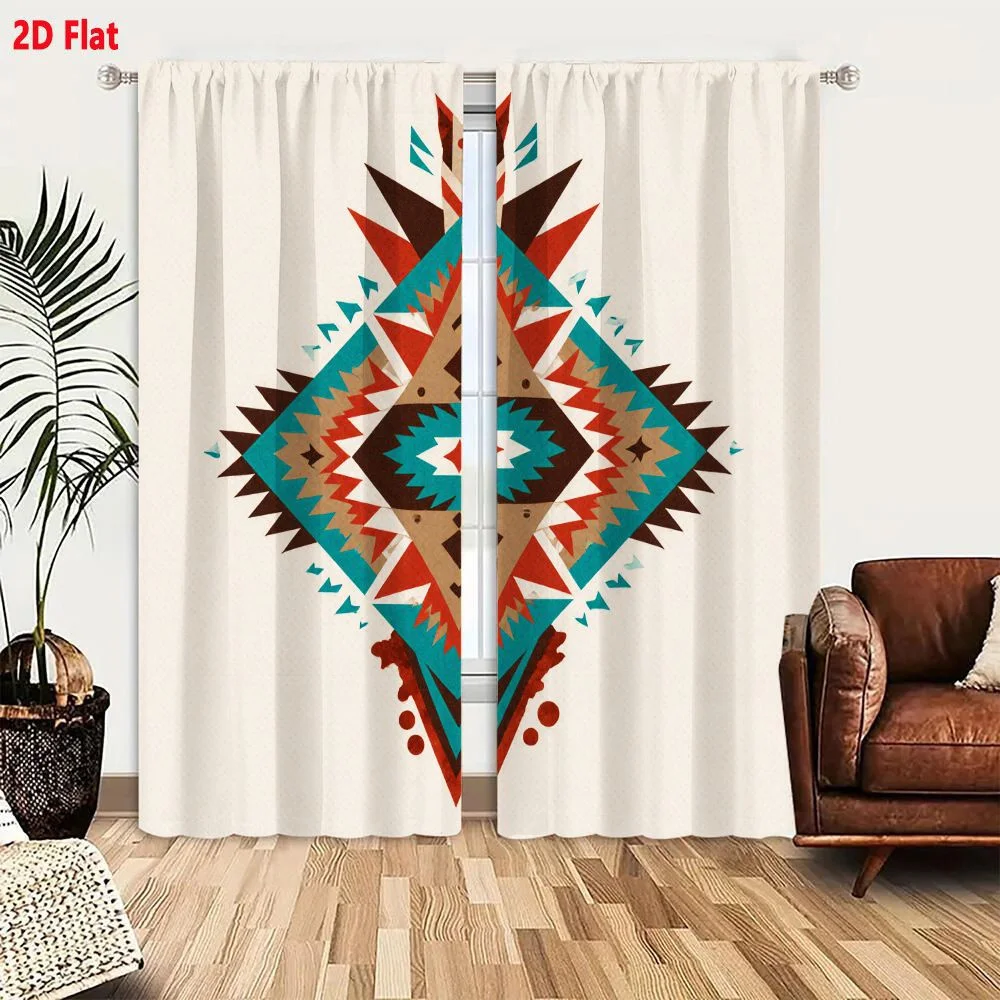 2Pcs Curtains 2D Flat Symmetrical Geometric Tribal Art Design With Diamond Motif Teal Red Brown Beige Color Palette On Light Off