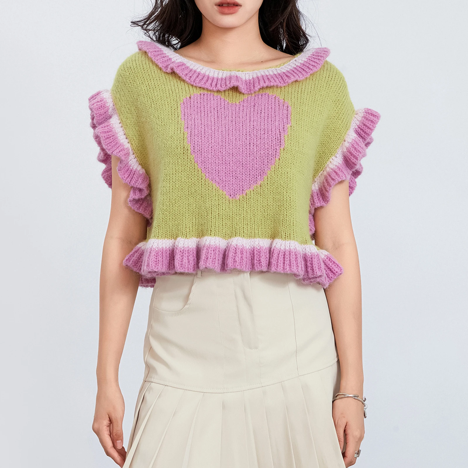 

Women's Sweet Knitted Sweater Vest Tops Heart Pattern Sleeveless Ruffle Tank Top Spring Summer Casual Trendy Loose Pullovers