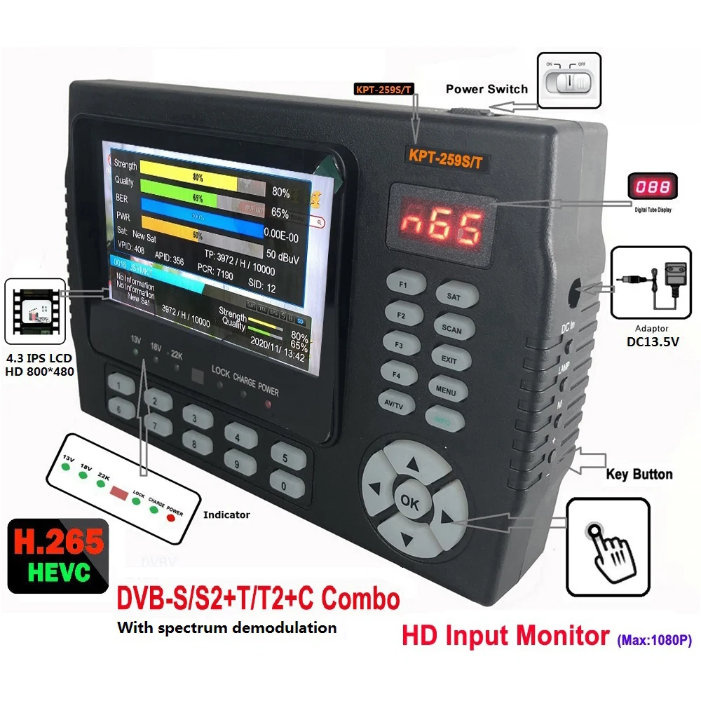 Kpt-259st Dvb-s2 Dvb-t2 Dvb-c Finder Meter Odbiornik telewizji satelitarnej Analiza widma Wyszukiwarka satelitarna Odbiornik telewizyjny
