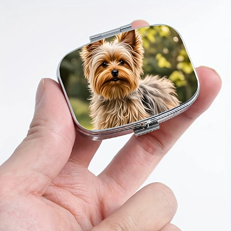 A Portable Vitamin Storage Box with a Square Design Featuring a Yorkshire Terrier Pattern, It Has 2 Compartments, Perfect for Placing in a Wallet or Purse, and Is a Cute and Adorable Organizer, Suitable for Small Items and Also Makes a Great Gift