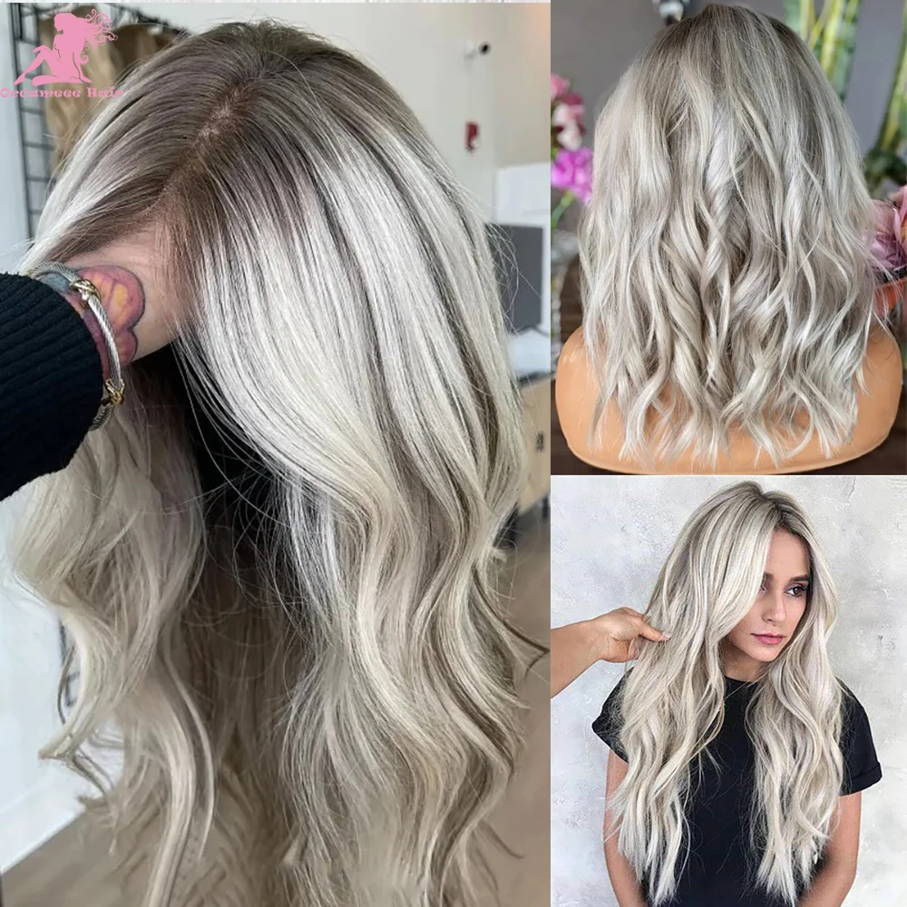 Peruca de cabelo humano com destaques, Raízes escuras, Ombre Ash Grey, Lace Frontal Transparente, 100% cabelo humano, 13x4 Lace Front Perucas com cabelo de bebê