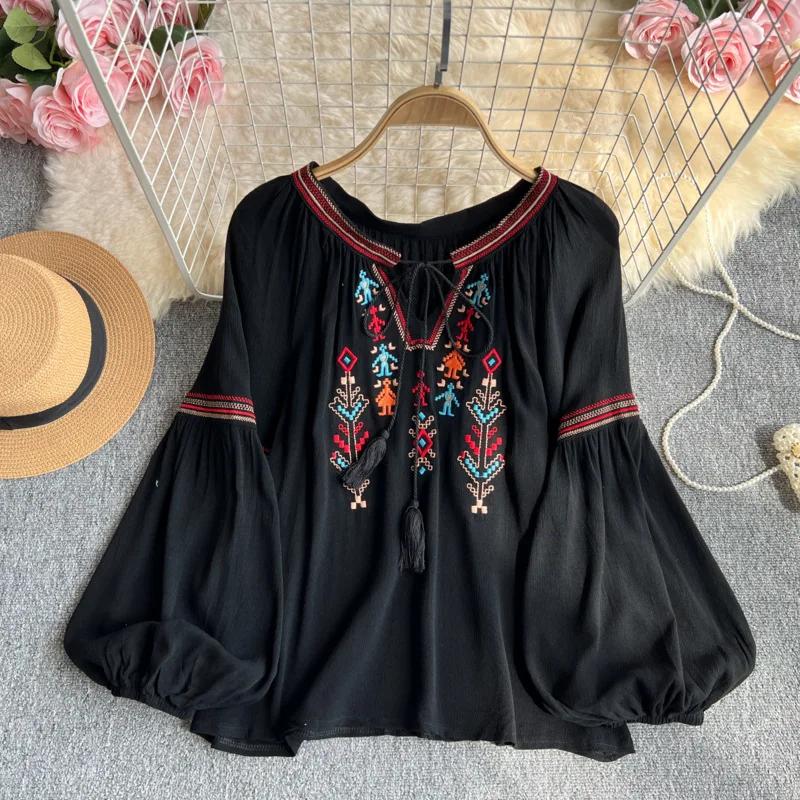 

Retro Indie Folk Embroidered Blouse Shirt Women's Spring Lantern Sleeves V-Neck Casual Loose Bohemian Vacation Top Female Blusa