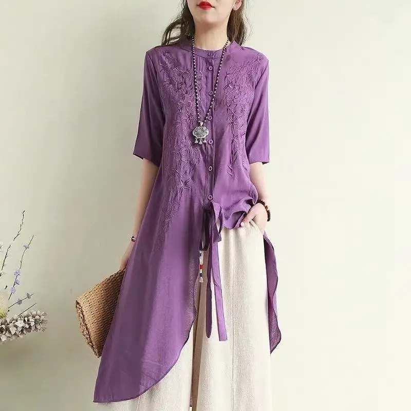 

Retro Artistic Cotton Linen Embroidered Shirt Women Summer Loose Stylish Versatile Mid-Length Top
