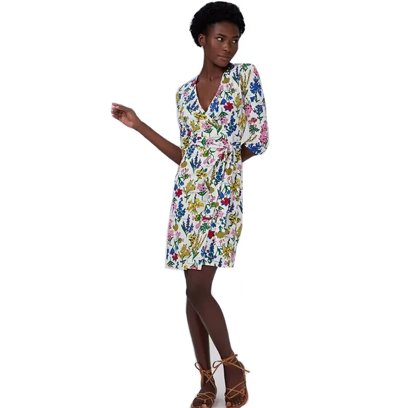 달콤한 여름 플로럴 프린트 드레스, 신축성 있고 피부 친화적인 원피스, 허리 조절 벨트, 바디콘, 미디 기장 A라인 스커트