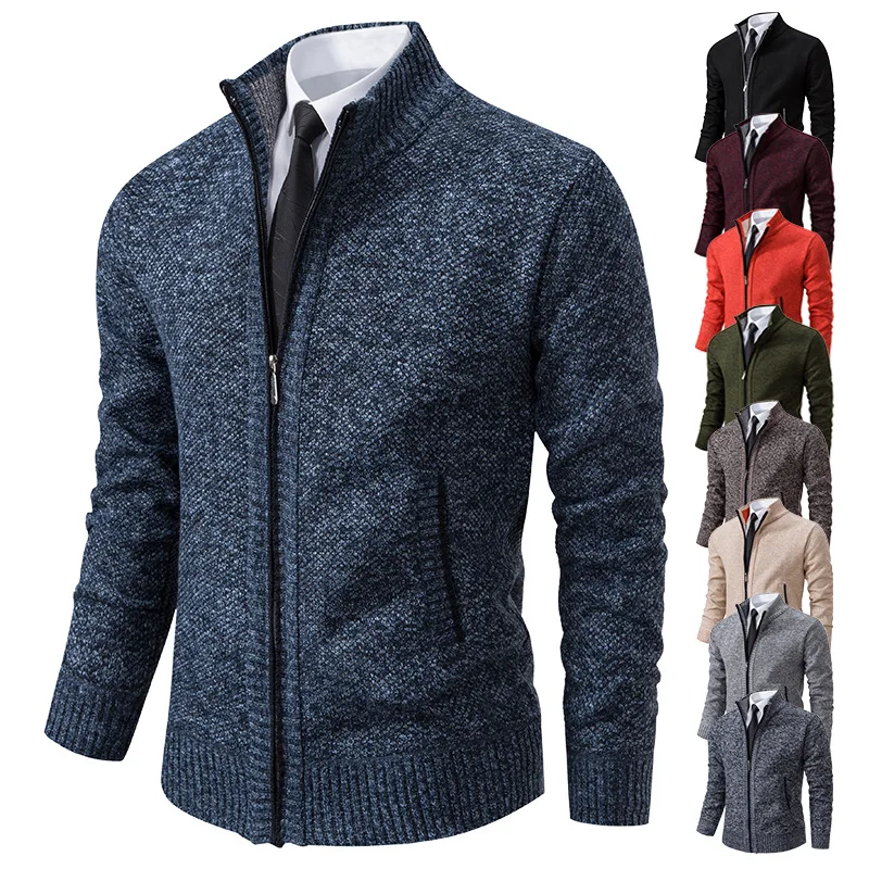 Winter Mens Casual Knitted Cardigan Sweater Stand Collar Fleece Jacket Solid Color Fashion Warm Zipper Coat Mens clothing