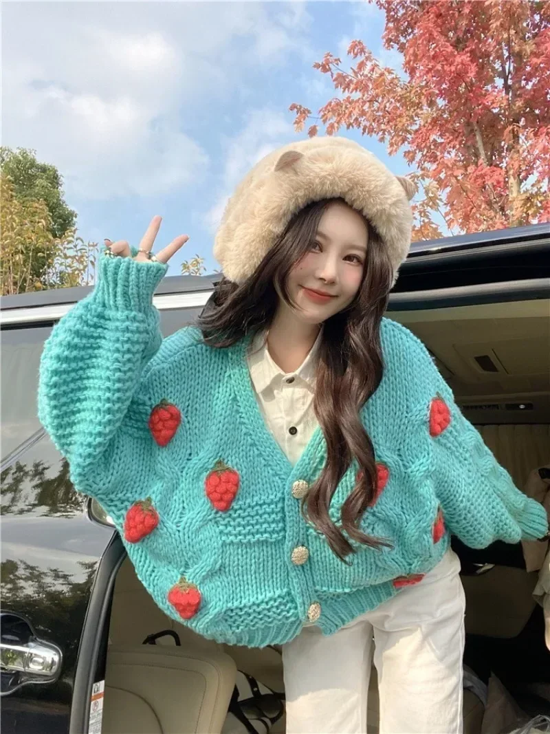 Y2k Women Harajuku Strawberry Loose Cardigan Sweater Autumn Fashion Long Sleeve Korean Female Preppy Style Baggy Sweater Tops