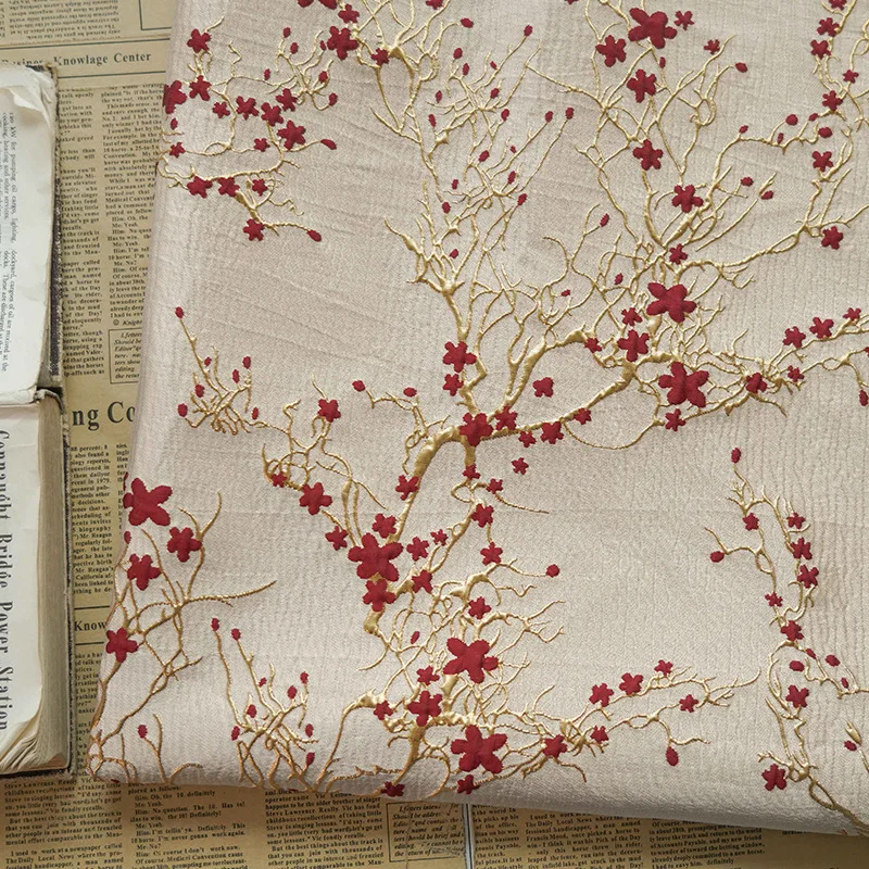 Luxury Red Plum Blossom Jacquard Fabric Golden Flower Embossed Women's Dress Fabric for Diy Sewing Clothes Bag Home Textiles