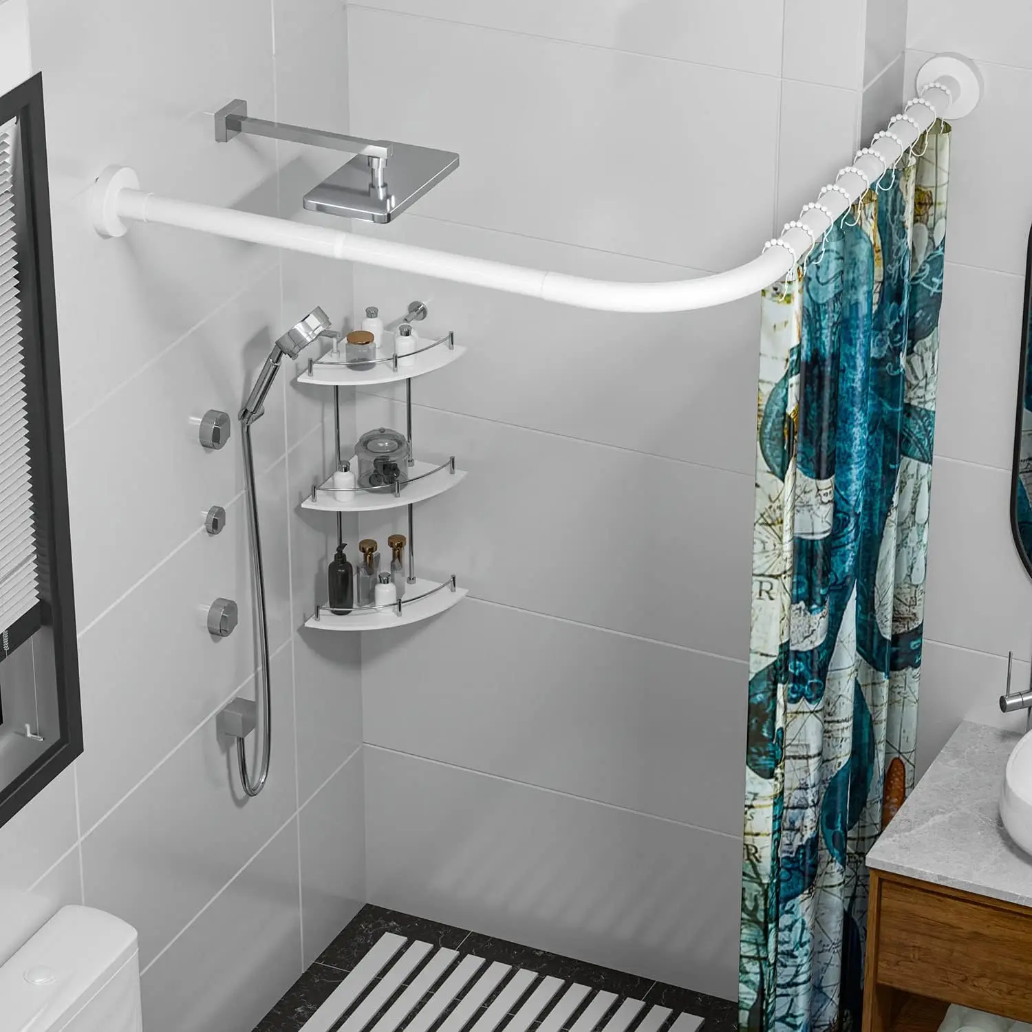 

Stretchable 304 Stainless L Shaped Bathroom Bathtub Corner Shower Curtain Rod Rack (White 27"-39"x27"-39"), Drill Free Instal
