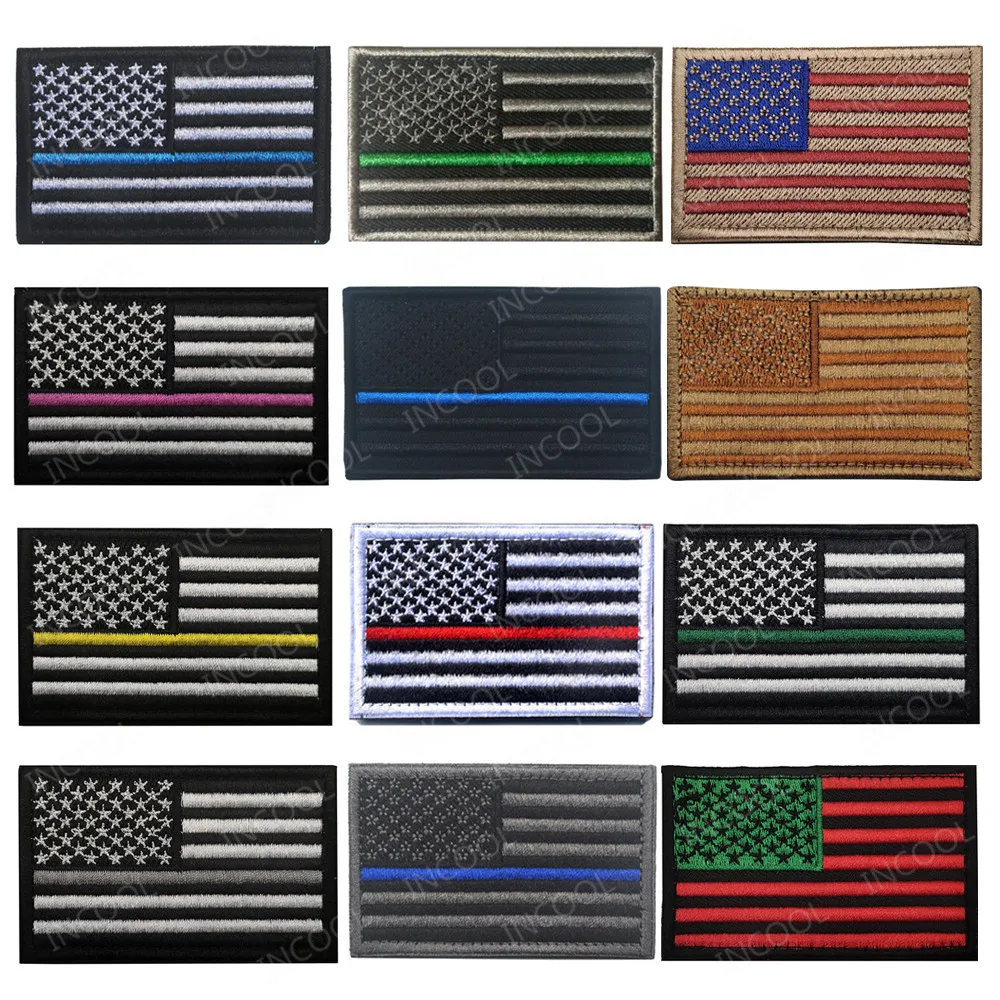 US America Flag Embroidered Chevron Blue/Red/Yellow/Green/Pink Line USA Flags Patches Shoulder Embroidery Badges For Clothing